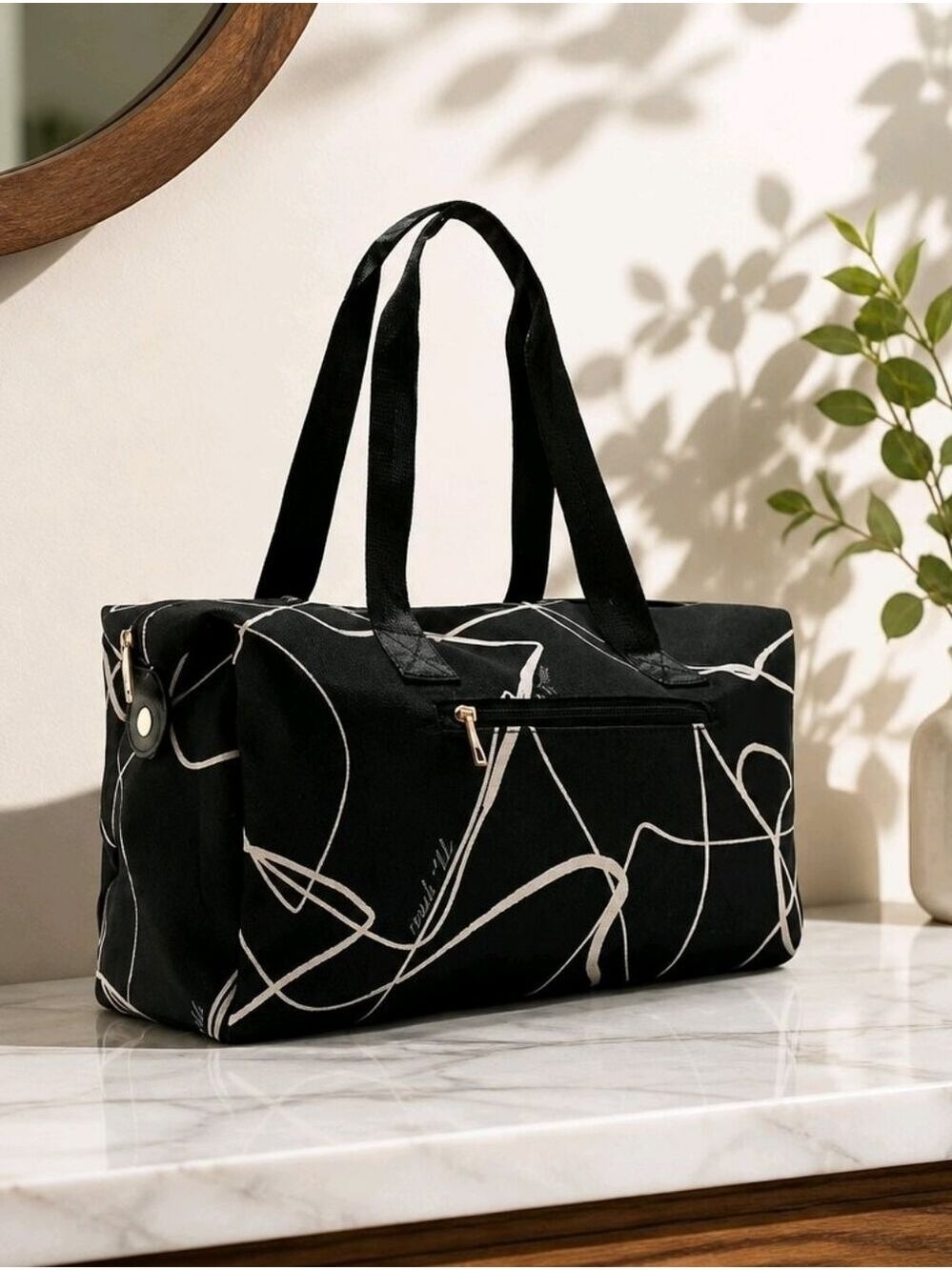 Mali + Lilli Black Canvas Tote Abstract White Lines #PUR11